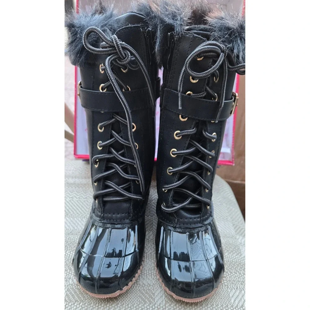 Link Girls Black Duck Boots Faux Fur Trim Winter Snow Shoes Size 13
